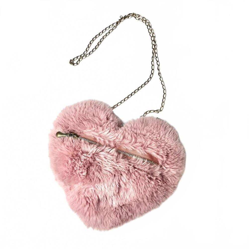 Pink Heart-Shaped Faux Fur Crossbody Bag